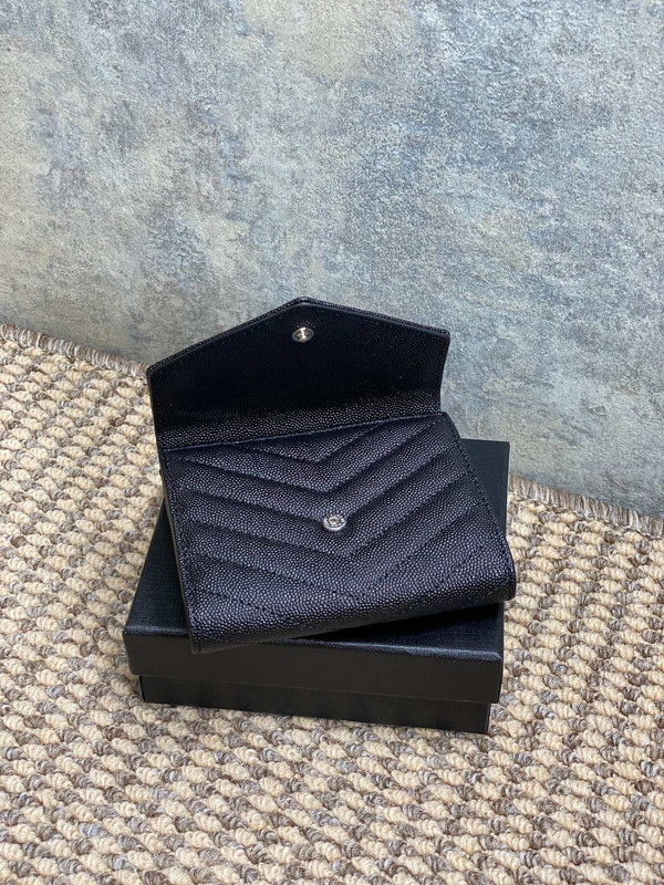 YSL Compact Flap Cassendre Wallet 10cm Black Leather Sliver HW