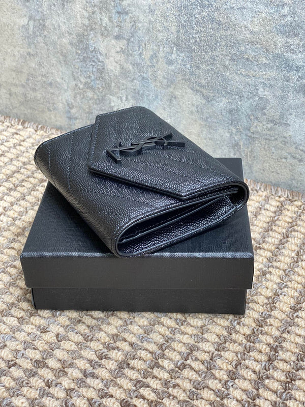 YSL Compact Flap Cassendre Wallet 10cm Full Black Leather