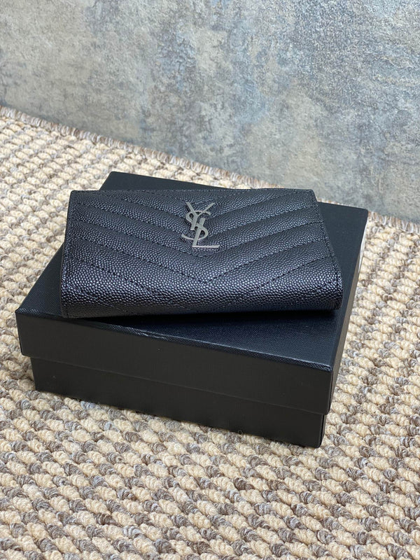 YSL Monogram Wallet Wallet 13cm Black Caviar Cowhide Sliver HW
