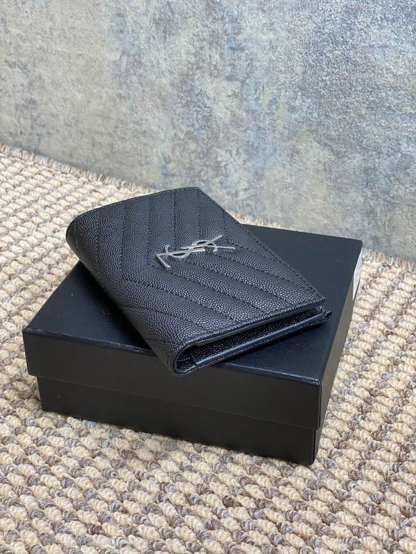 YSL Monogram Wallet Wallet 13cm Black Caviar Cowhide Sliver HW