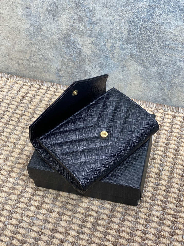 YSL GHW Logo Monogram Card Flap Wallet 13.5cm Black Caviar Cowhide