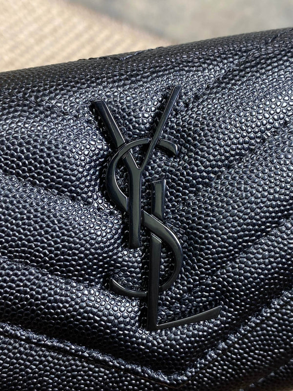 YSL Monogram Card Flap Wallet 13.5cm All Black Caviar Cowhide
