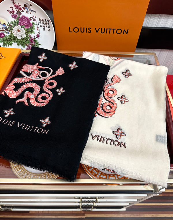 LV Long Scarf 200cm Black Pink Yellow Cashmere 967316