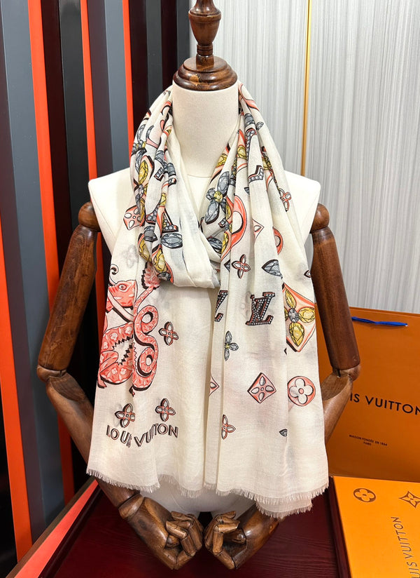 LV Long Scarf 200cm White Pink Yellow Cashmere 967317