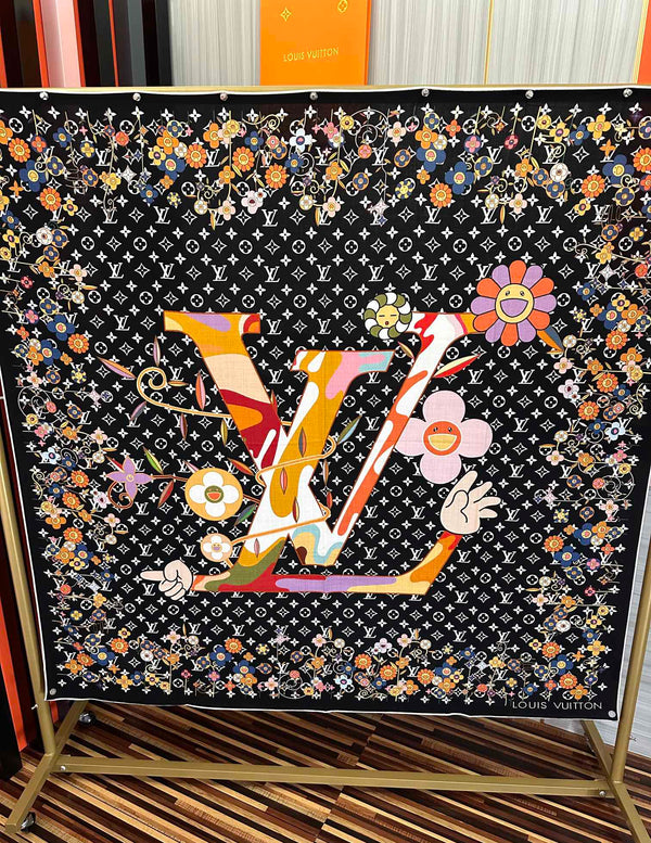LV Double-Sided 140cm Black Colorful Silk Cashmere 967343