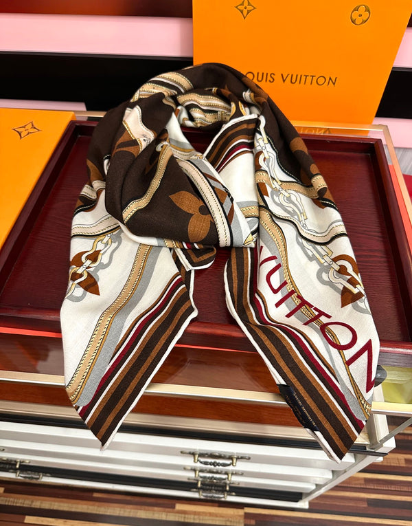 LV Scarf 140cm White Brown Beige Silk Cashmere 968684