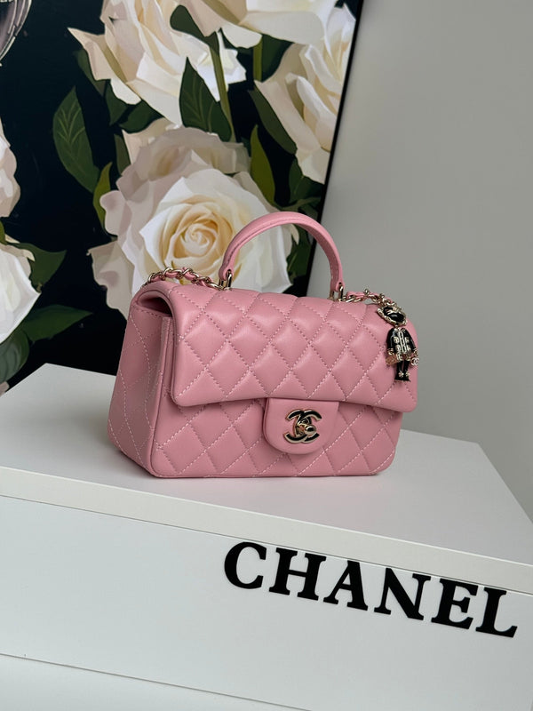 24c mini flap bag 20cm with top handle pink calfskin silver hardware