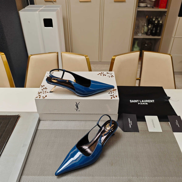 YSL Babylone Slingback 5.5cm Dark Blue Glossy Leather
