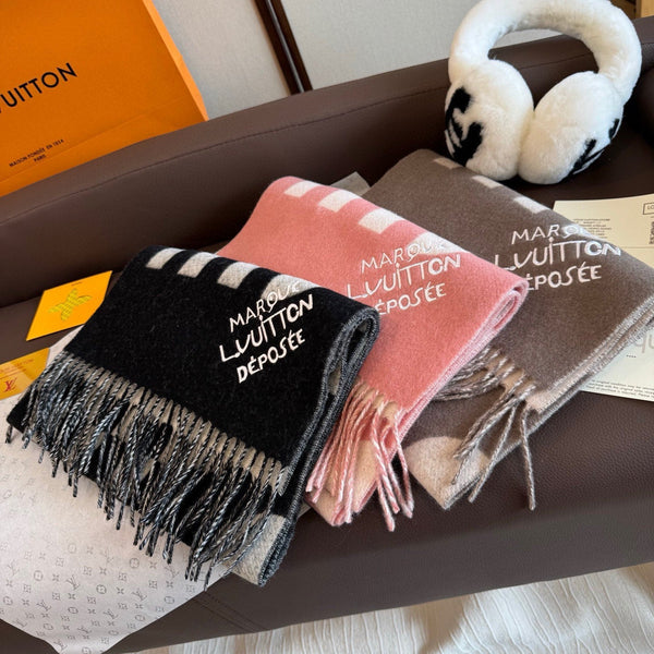 LV 25ss Scarf 180CM Light Brown White Knitted Cashmere 292798