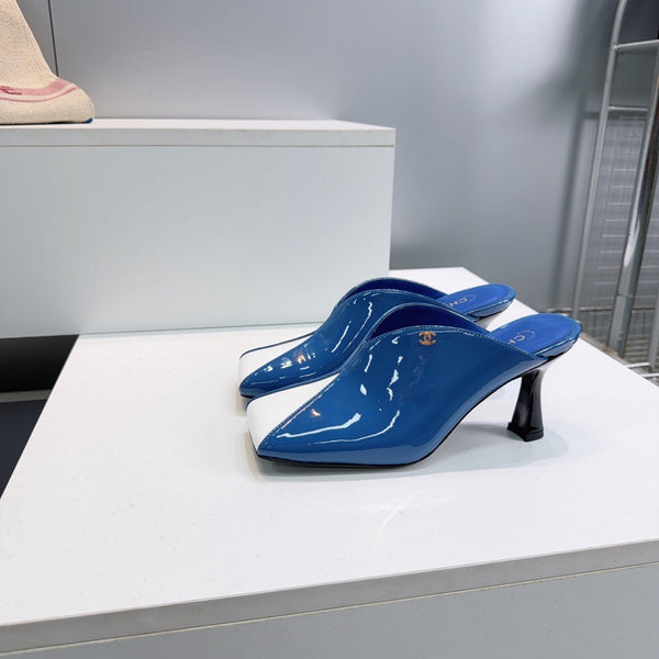 CC Fall 2026 Square Toe High-Heeled Sandals 7cm White Blue Patent Leather