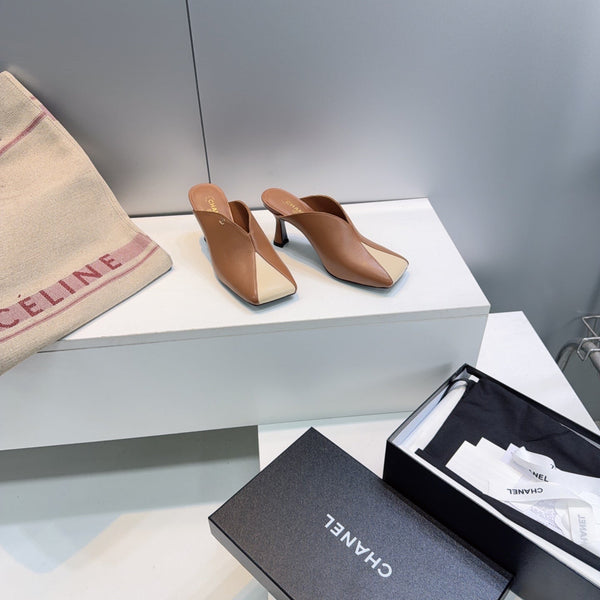 CC Fall 2026 Square Toe High-Heeled Sandals 7cm Beige Brown Sheepskin