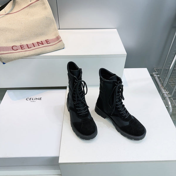 CE 26s Triomphe Lace-Up Combat Boots Black Suede Leather 107299