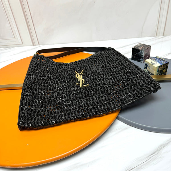 YSL OXALIS 37CM BLACK RAFFIA TAN CALFSKIN