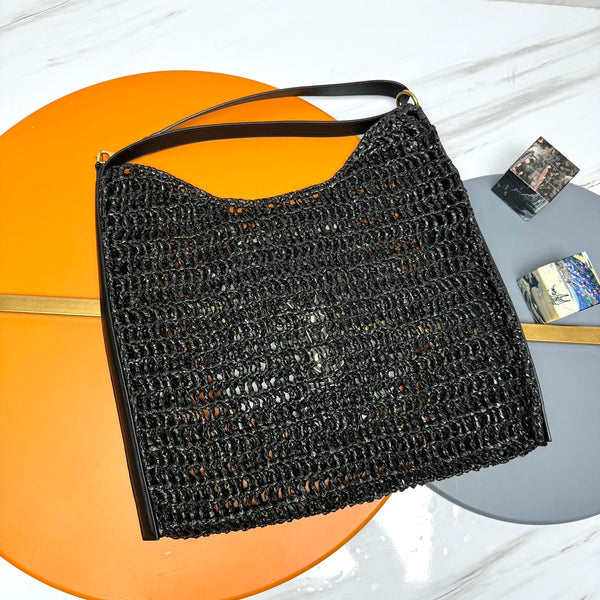 YSL OXALIS 37CM BLACK RAFFIA TAN CALFSKIN
