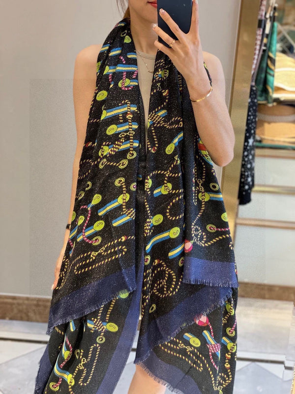 Scarf 200 CM In Black Colorful Cashmere Silk 264152