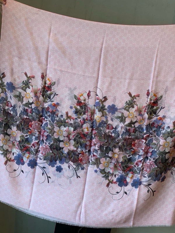 SCARF 200 CM IN BLUSH PINK CASHMERE WITH COLORFUL FLOWER 405253