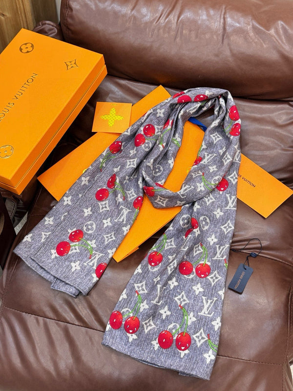 LV X TM Monogram Scarf 180CM Gray Red Cashmere 293171