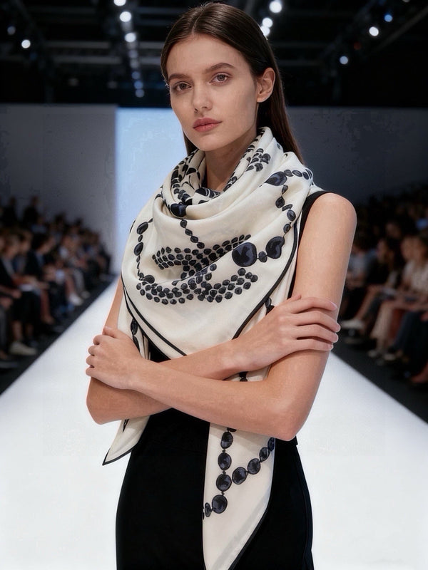 CC 2026 Pearl Scarf 140cm Black White Silk And Cashmere 214951