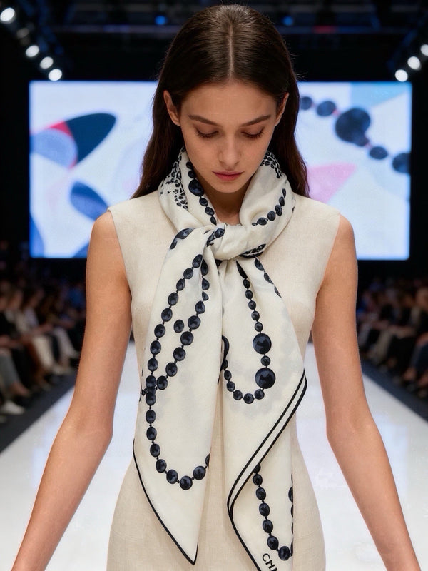CC 2026 Pearl Scarf 140cm Black White Silk And Cashmere 214951