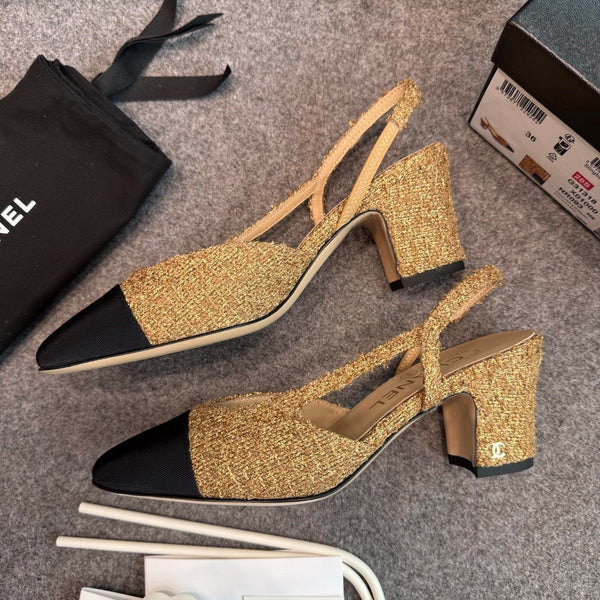 CC 26S Slingback Pumps 6.5cm Gold Black Tweed 118952