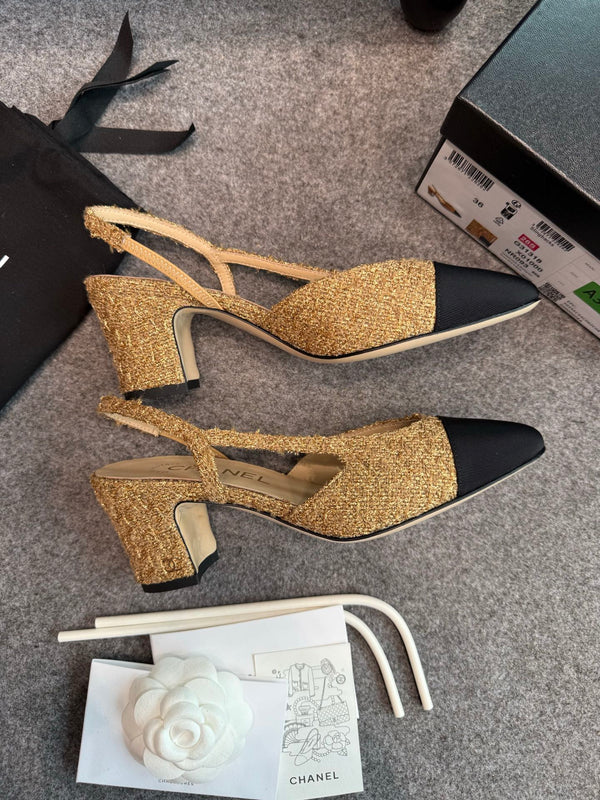 CC 26S Slingback Pumps 6.5cm Gold Black Tweed 118952