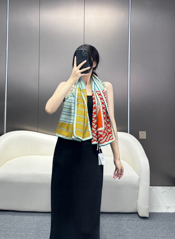 Dressage Tressage Shawl 140 CM In Red Yellow Colorful Silk