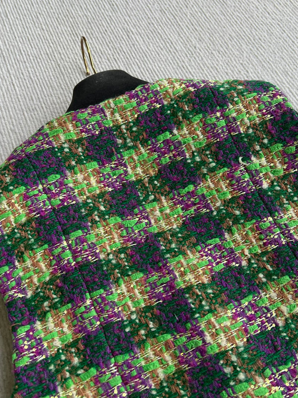 Chanel 2025 Plaid Tweed Vest Jacket Green Wool Polyester 325377