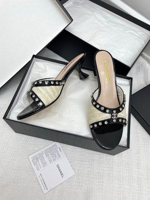 CC 25SS Slippers 5cm Light Yellow Raffia Black Patent Calfskin 338299