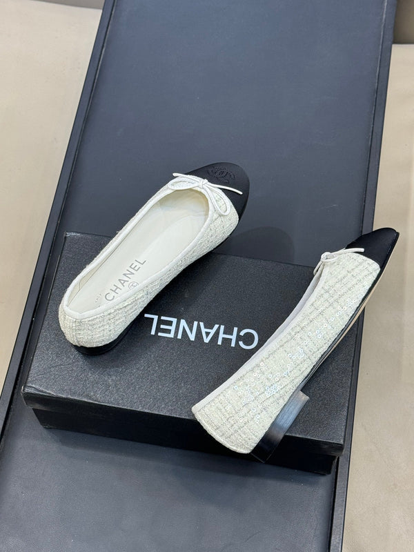 CC 26ss Ballet Flats Black White Tweed Fabric 623152