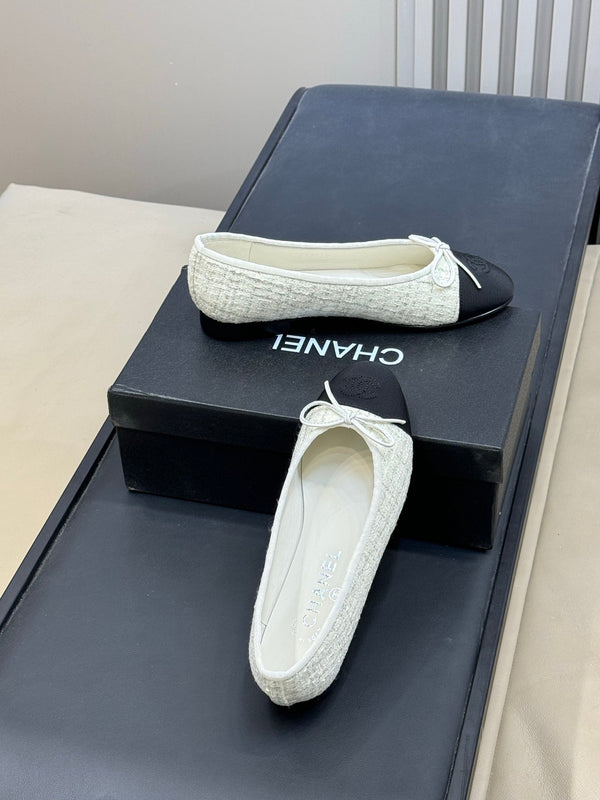 CC 26ss Ballet Flats Black White Tweed Fabric 623152