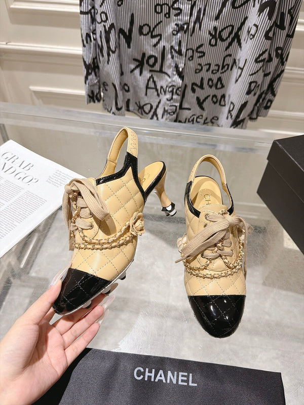 CC 26b Quilted Lace Up Slingback Beige Leather 124289