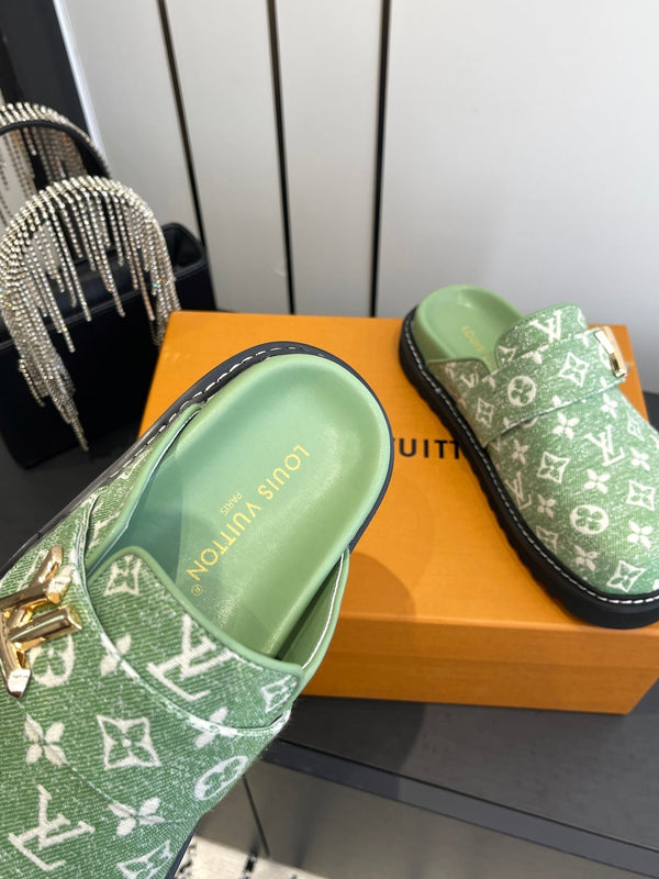 LV Cosy Comfort Mule Sandals Green Gold Denim Monogrammed 533458