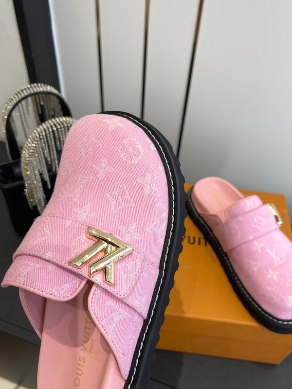 LV Cosy Comfort Mule Sandals Pink Gold Denim Monogrammed 533459