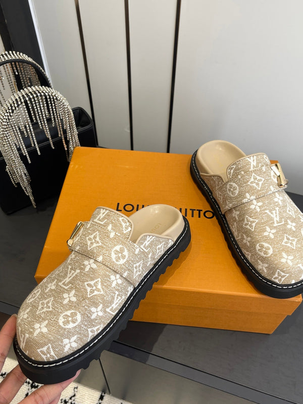 LV Cosy Comfort Mule Sandals Beige Gold Denim Monogrammed 533460