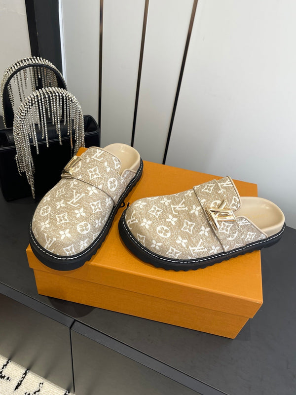 LV Cosy Comfort Mule Sandals Beige Gold Denim Monogrammed 533460