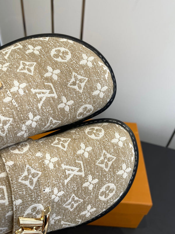 LV Cosy Comfort Mule Sandals Beige Gold Denim Monogrammed 533460