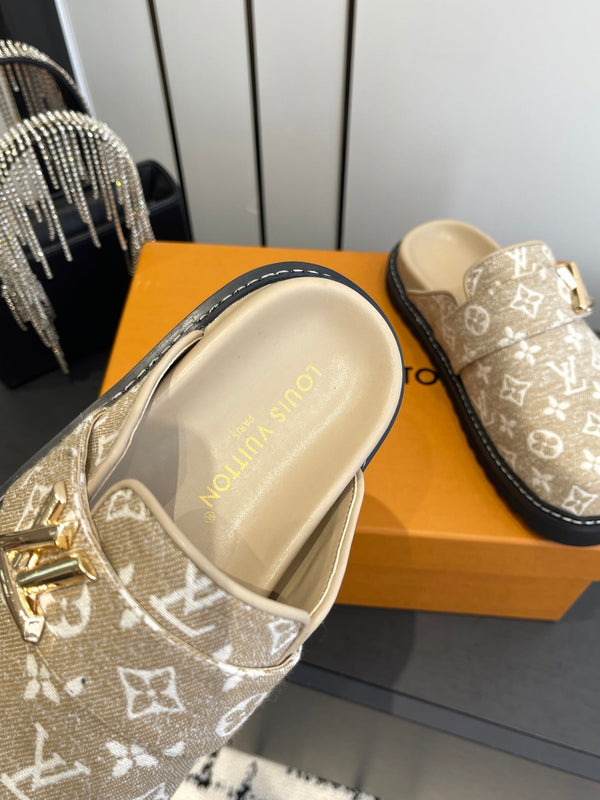 LV Cosy Comfort Mule Sandals Beige Gold Denim Monogrammed 533460