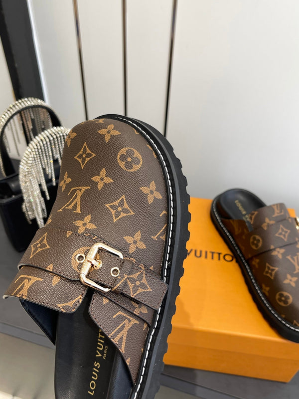 LV Cosy Comfort Mule Sandals Brown Gold Denim Leather 533464