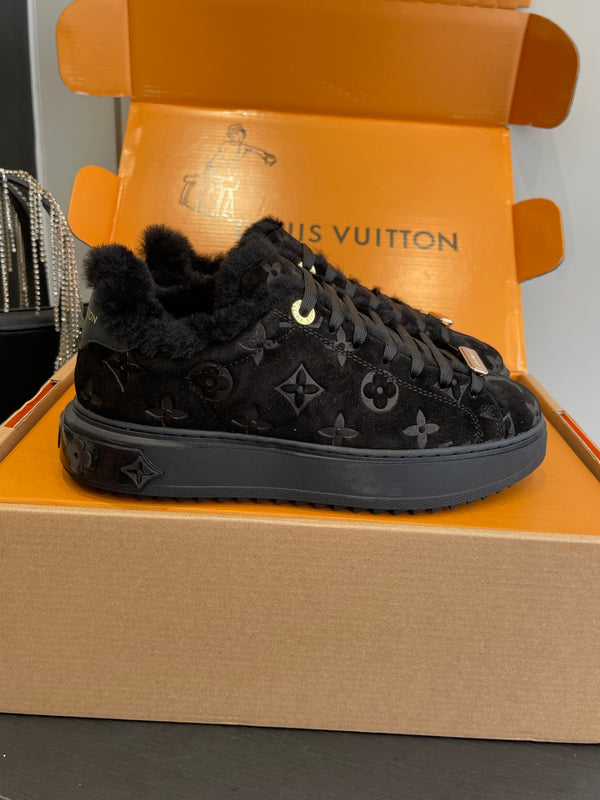 LV Time Out Sneaker 40mm Black Monogram Suede Fleece Lined 533471