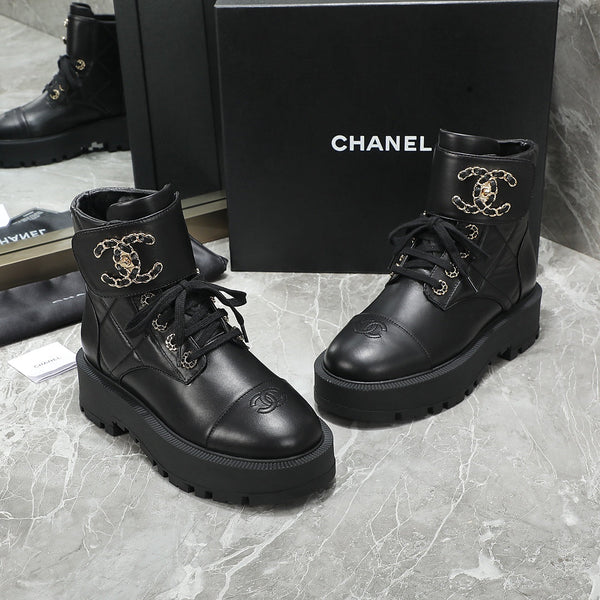 CC Interlocking Logo Combat Boots Full Black Quilted Lambskin 432654