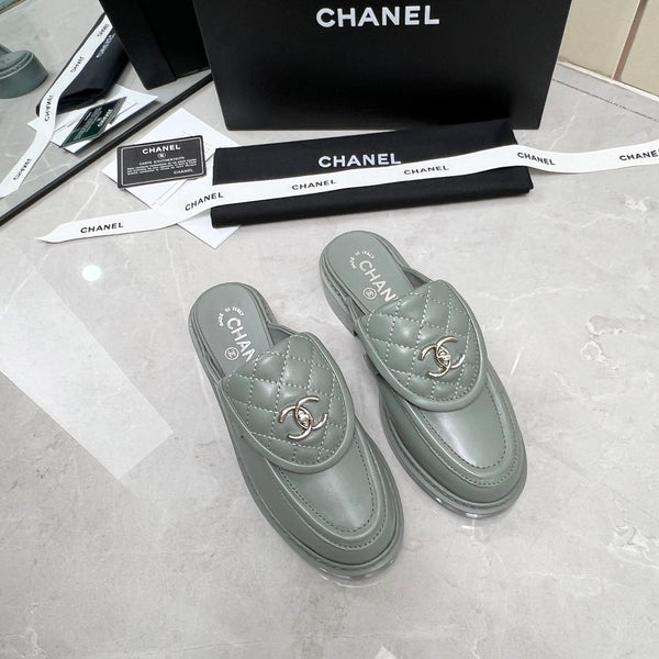 CC Mule Grey Quilted Calfskin