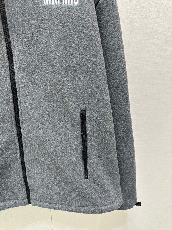 Miu Embroidered Fleece Hooded Zip-Up Jacket Dark Grey Cashmere 346110
