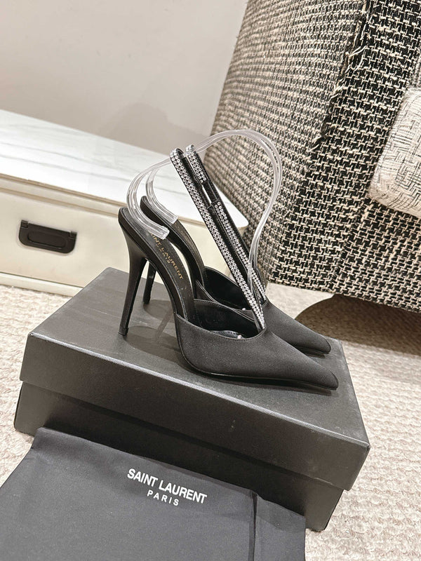 BARBARA 90 EMBELLISHED BLACK SATIN MULES WITH RHINSTONES