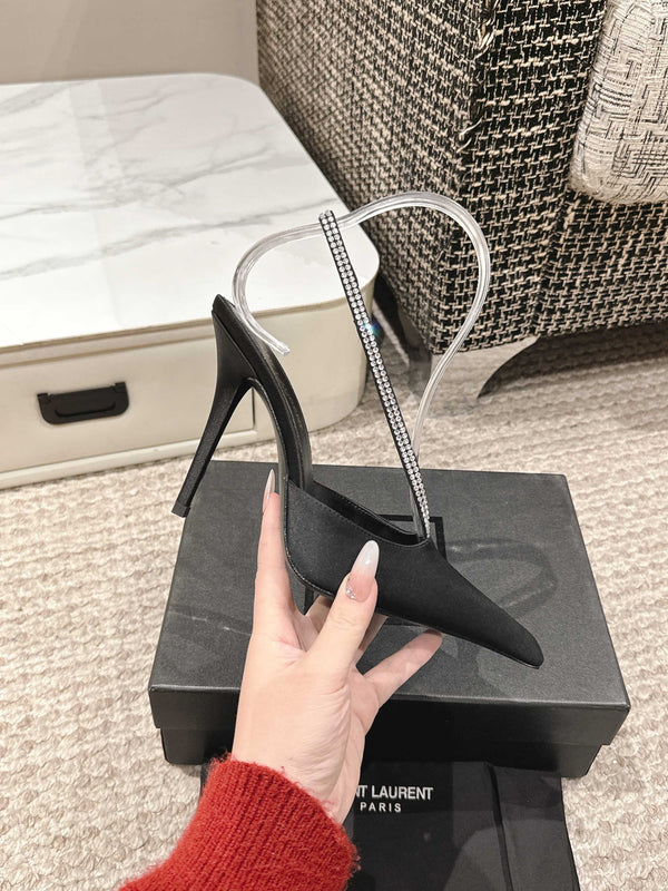 BARBARA 90 EMBELLISHED BLACK SATIN MULES WITH RHINSTONES