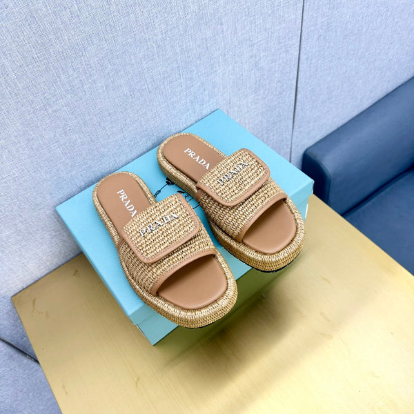 PRA CROCHET SLIDES SLIPPERS BEIGE RAFFIA