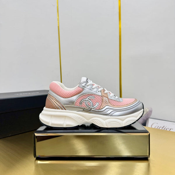 CC Logo Sneakers Sliver Pink Calfskin Mesh Fabric 927336