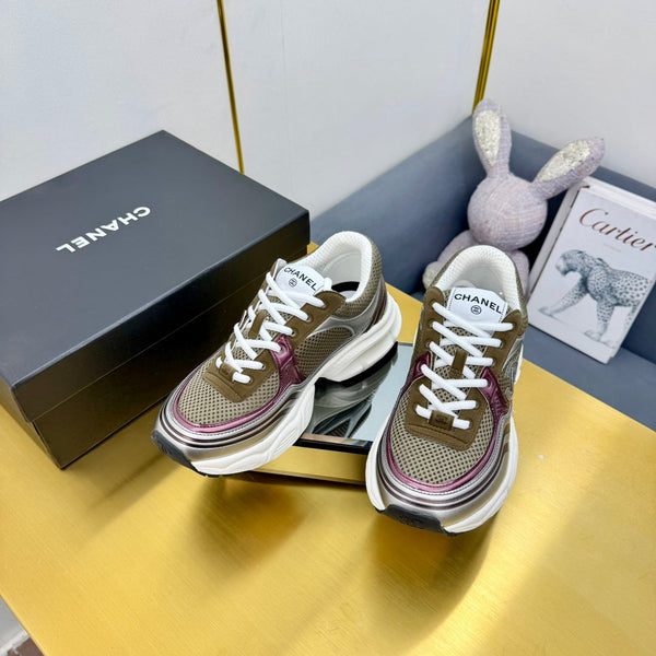 CC Logo Sneakers Sliver Taupe Calfskin Mesh Fabric 927335
