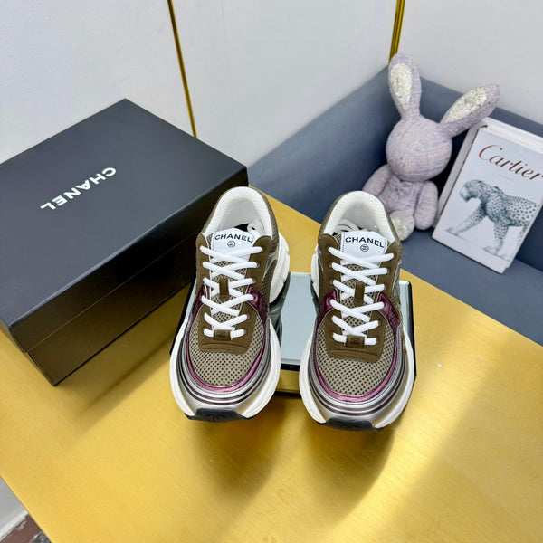 CC Logo Sneakers Sliver Taupe Calfskin Mesh Fabric 927335