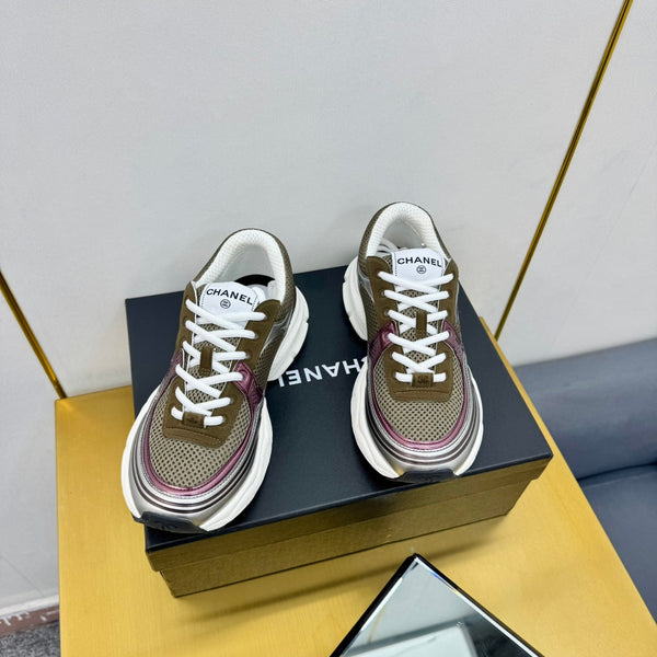 CC Logo Sneakers Sliver Taupe Calfskin Mesh Fabric 927335