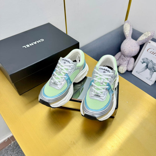 CC Logo Sneakers Sliver Green Calfskin Mesh Fabric 927339